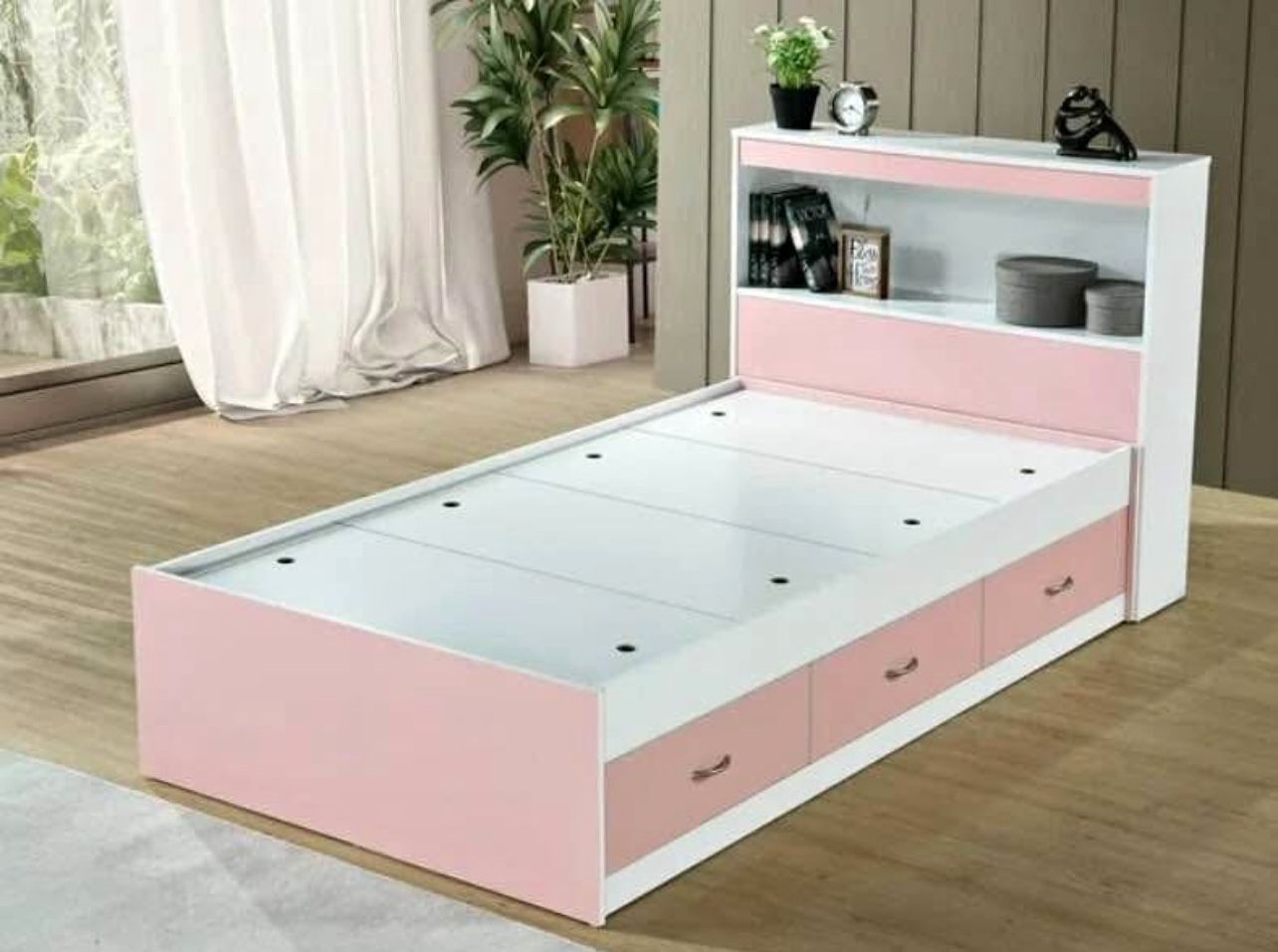 Twin storage platform bed frame with drawers & headboard - white/pink - NEW
