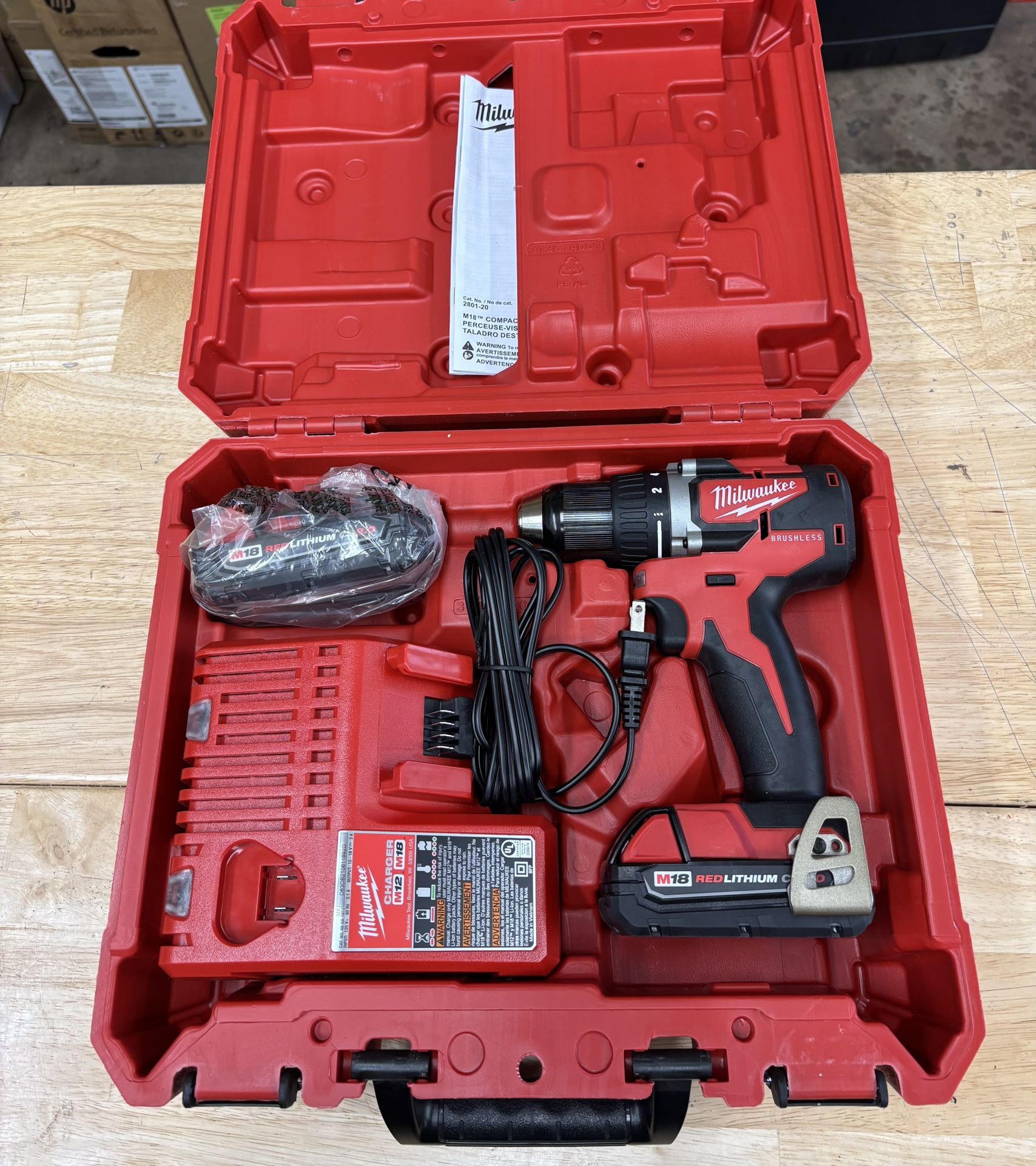 Milwaukee M18 18-Volt Lithium-Ion Brushless Cordless 1/2 in. Compact Drill/Driver Kit with (2) 2.0 Ah Batteries, Charger and Case