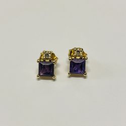 14K Yellow Gold Princess Cut Amethyst Diamond Stud Earrings