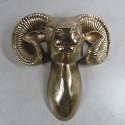Ram Head Big Horn Sheep Cast Aluminum Gold Tone Wall Decor 11 3/4"
