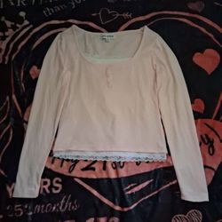 Pink And White Lace Long Sleeve Top (M)