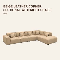 Beige Leather Corner Sectional with Right Chaise – Beige