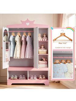 Kids Dress Up Storage with Hidden Jewelry Armoire, Wooden Princess Pretend Play Closet Wardobe Center with Mirror, Toddler Armoire Organizer with Hang