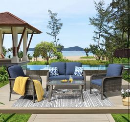 ovios 4 Pieces Patio Furniture Set, Outdoor Wicker Sofa with Coffee Table, Chairs Denim Blue Cushion