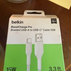 NEW Belkin BoostCharge Pro Braided USB-A to USB-C Cable 3.3ft (15W)