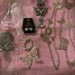 Butterfly  Long Necklaces, Pink And Silver Necklace With Charms Lot