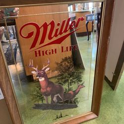 15x23 Deer hunting mirrored MILLER HIGH LIFE advertisement sign.  95.00.  Johanna at Antiques and More. Located at 316b Main Street Buda. Antiques vin