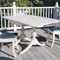 Vintage, solid wood table w/extensions + 2 chairs 