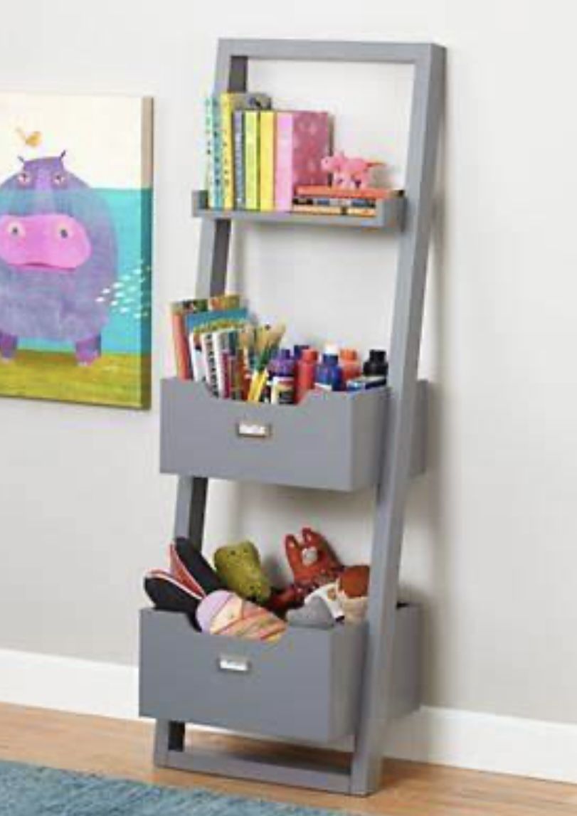 Leaning Shelf With Toy Bins