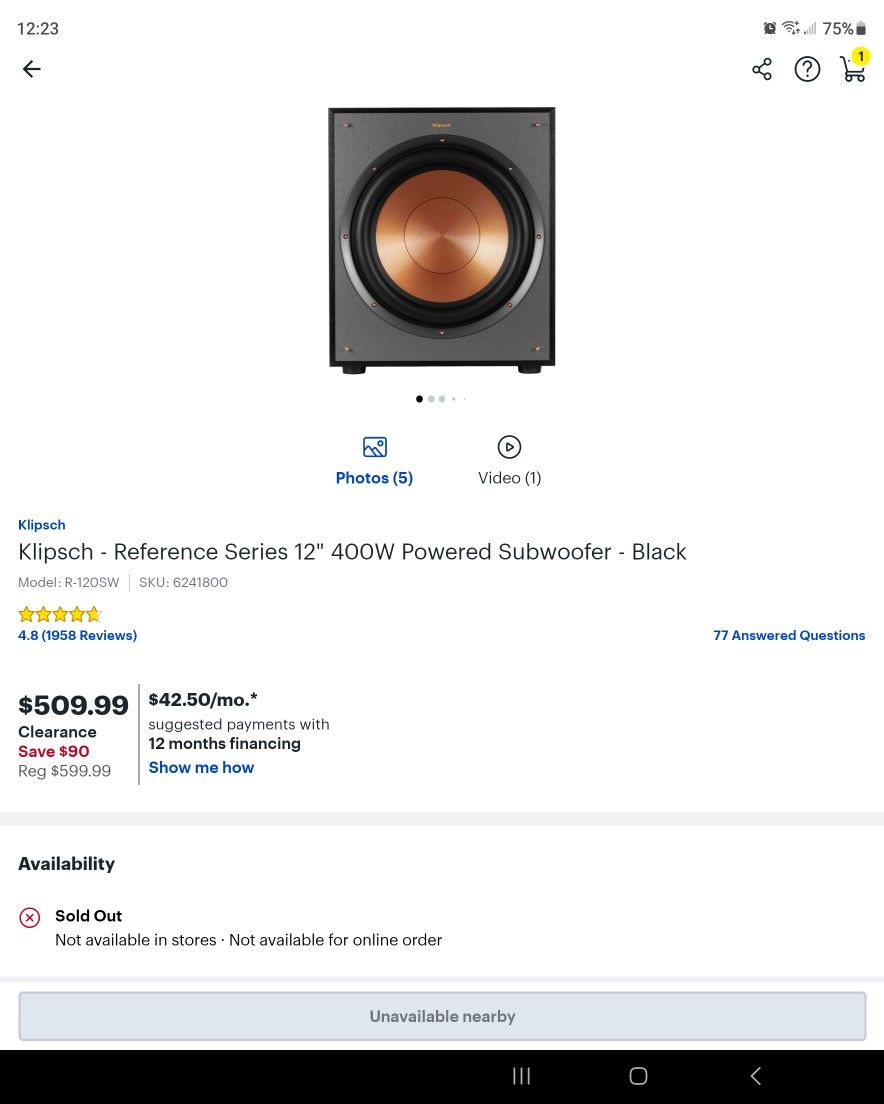 Klipsch Reference Series 12" 400 Watt Powered Subwoofer Black 