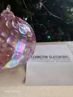 Lexington Glassworks Hand Blown Glass Iridescent Pink Round Hanging Ornament