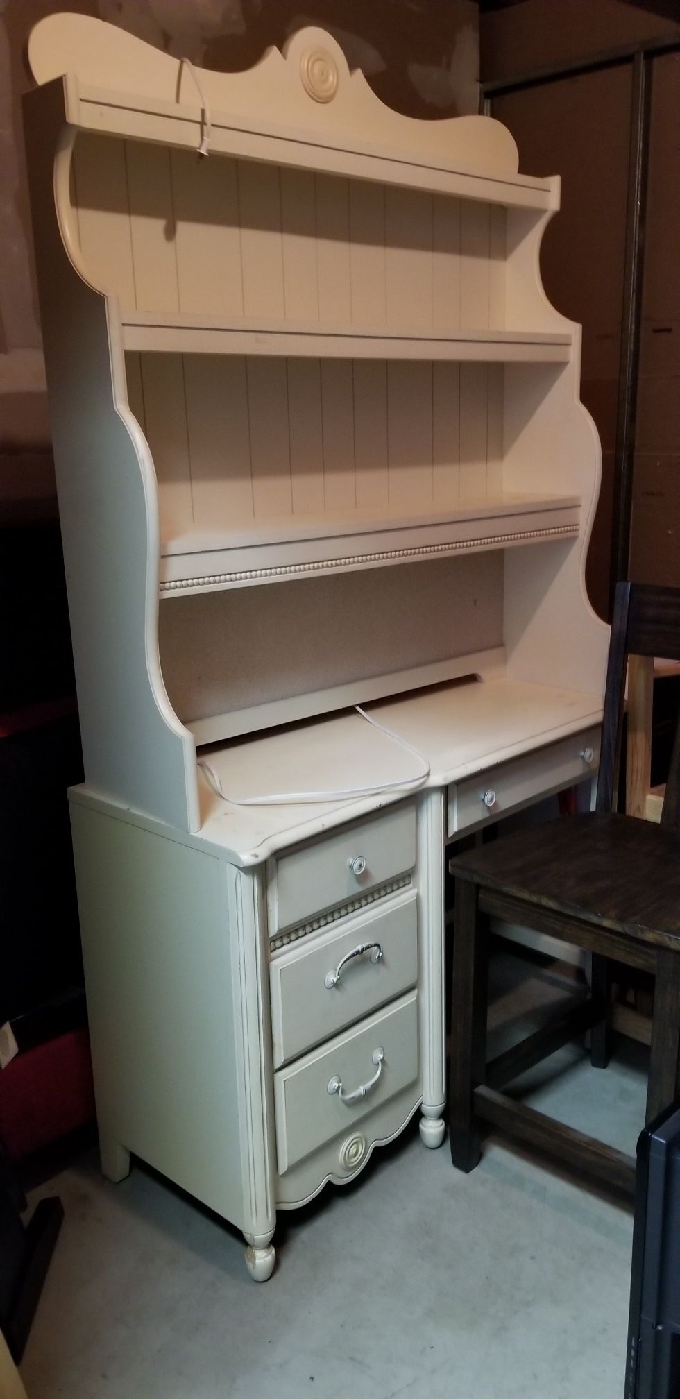 Victorian style white desk & hutch w/ upholstered chair - built in light - price negotiable