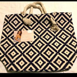NEW Tote Beach Bag Summer and Rose Brittney Geometric Navy Blue & Cream Medium 