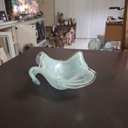 Murano Style Vibrant Blue And Green Swirl Design Blown Glass Bowl With Curled Ruffled Edges 7"W X 3.5"H