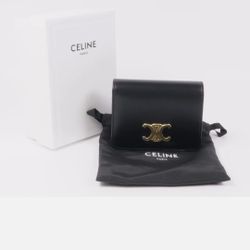 Celine GHW Triomphe Compact Wallet Calfskin Leather Black 