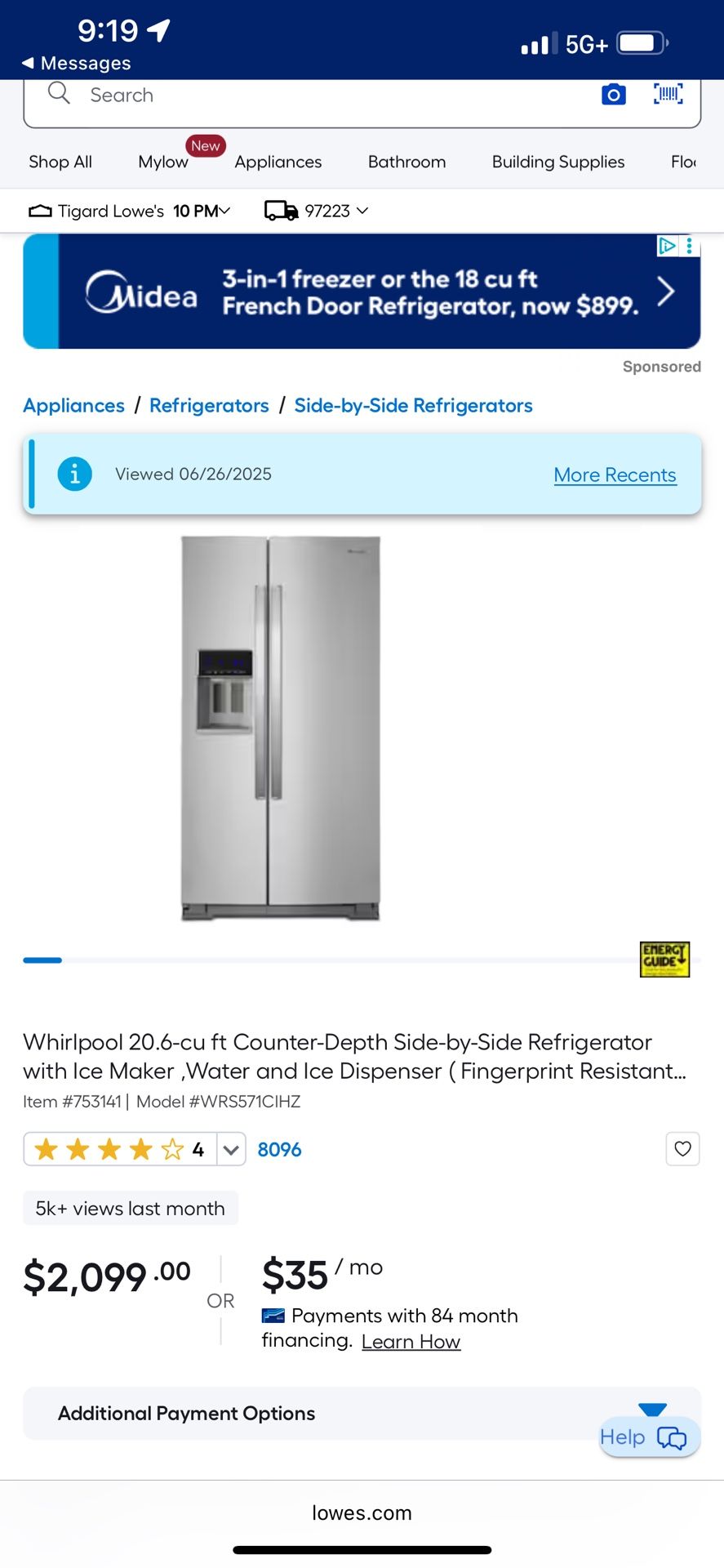 Whirlpool 20.6 Cu Ft Counter-Depth Side-by-side Fridge