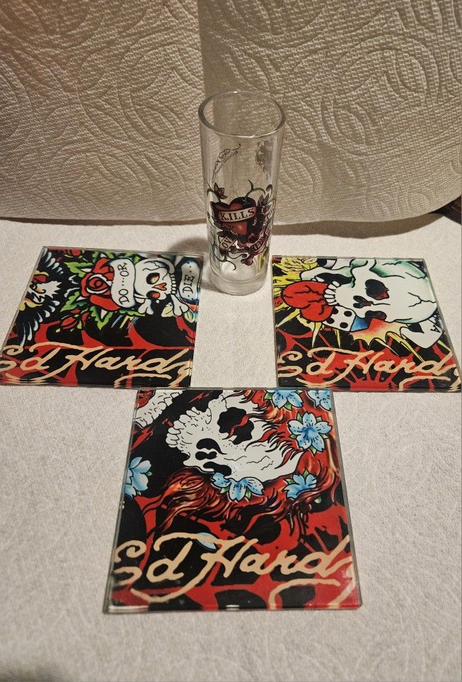 ED HARDY LOT OF 3 COLORFULL GLASS TABLE COASTERS & A SHOT GLASS