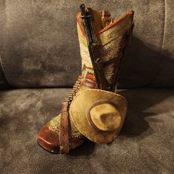Western Cowboy Boot Sculpture Figurine Hand Painted Rifle Hat