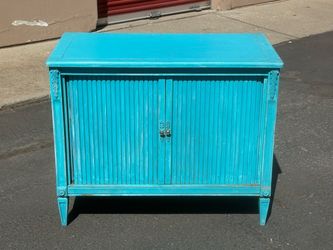 Antique Turquoise Painted Wood Cabinet with Reeded Doors