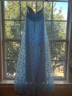 Blue Floral Appliqué Strapless Formal Gown