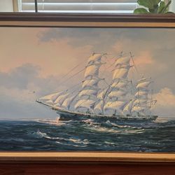 Vintage Maritime Nautical Oil Painting Of Clipper Ship By K. Maskell