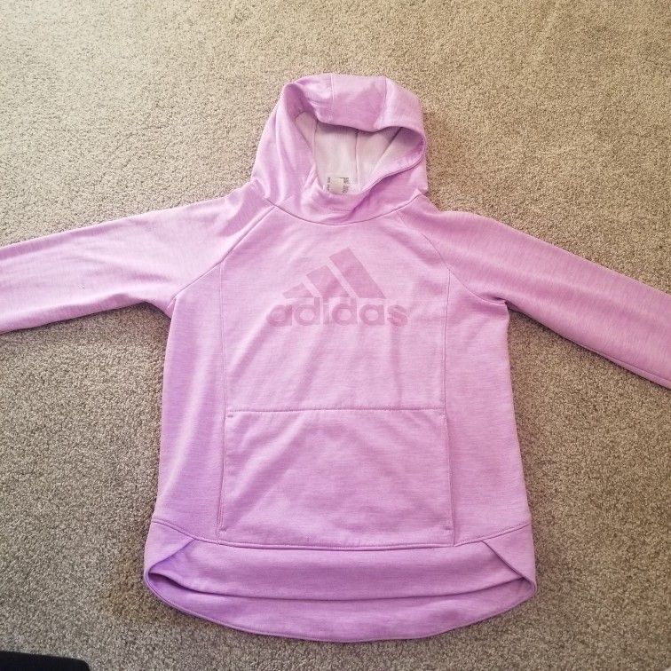 Adidas girls Medium 10/12 hoodie. Light weight pinkish lilac color. Active wear.
Great condition, thumb holes