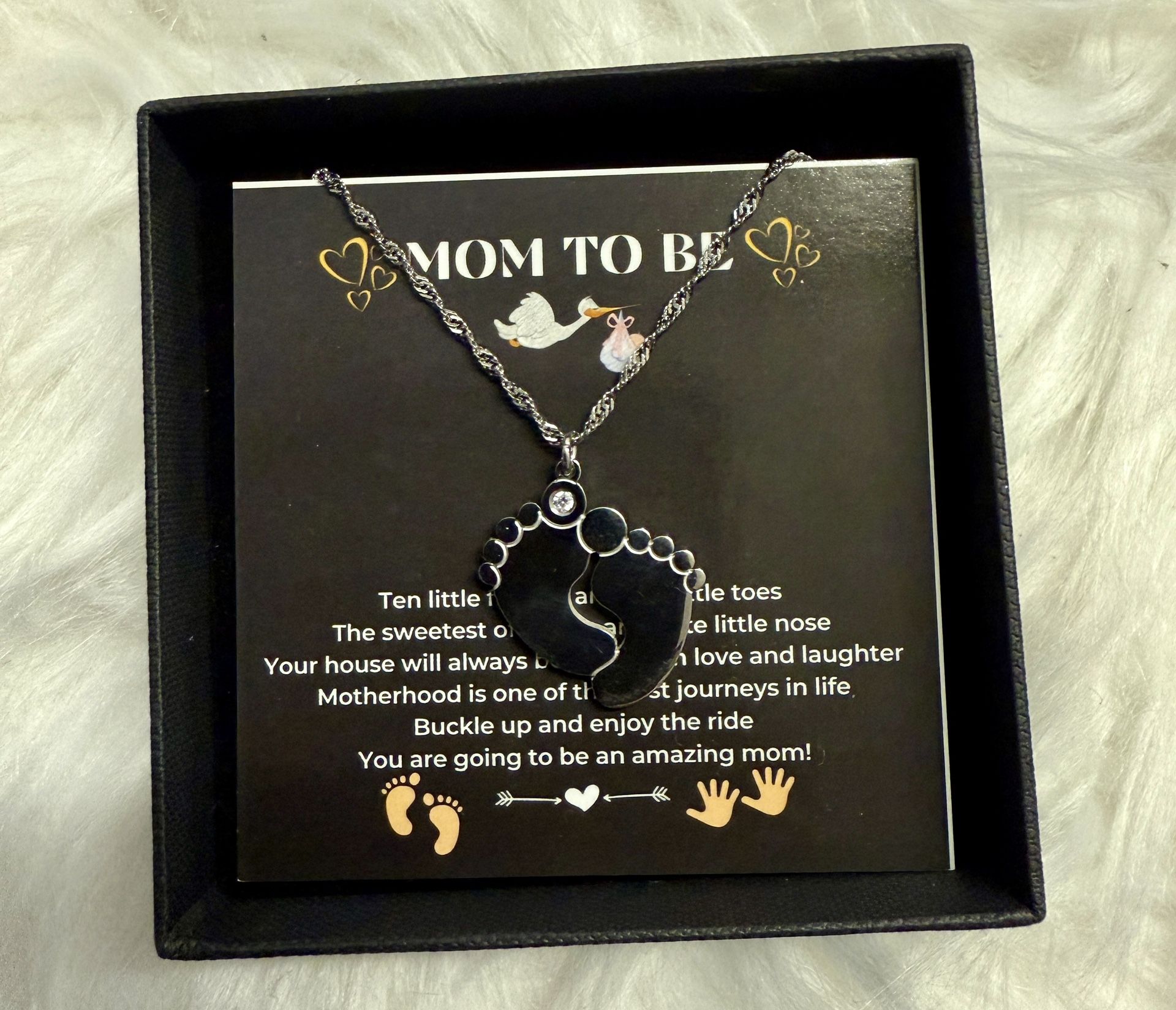“Mom to Be” little feet necklace pendant in gift box - silver colored - stainless steel