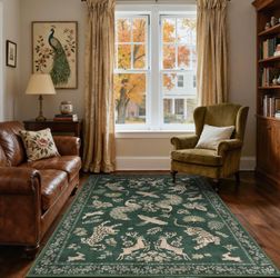 Vintage Green Living Room Rugs, 5x7 Boho Animal Washable Area Rug for Bedroom, Dining Room, Kitchen Table, Non Slip Soft Low Pile Indoor Traditional C