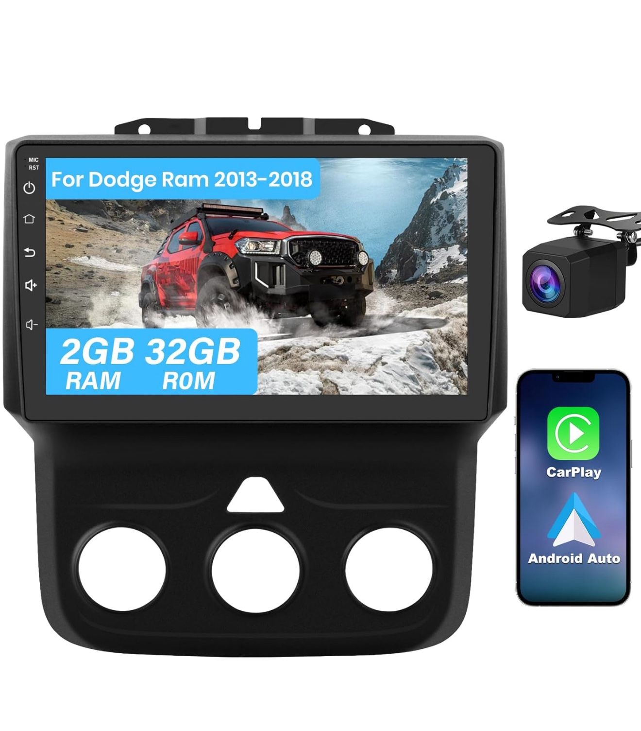 Android Car Radio for Dodge RAM 1500 2500 3500 2013 2014 2015 2016 2017 2018, 9" Ram 1500 Radio Replacement with 5G WiFi CarPlay Android Auto - 2+32GB