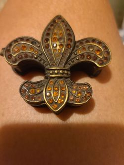Brass Fleur de Lis w/Amber Rhinestones Keepsake Trinket Box