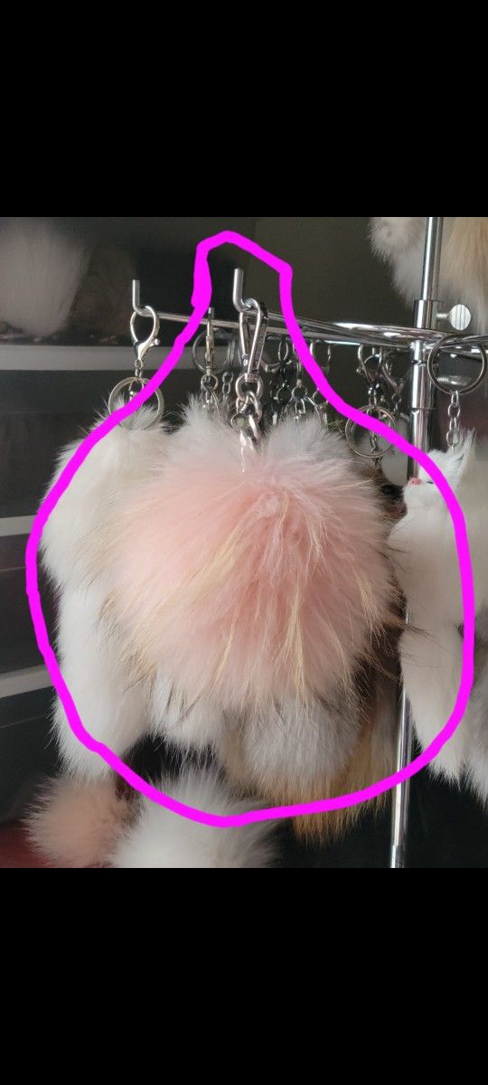 8 1/2"L Michael Kors 8" Pink W/Beige  & Brown Tips FUR Pom Pom  Silver-tone Keychain +3 Freebies +bonus Freebie