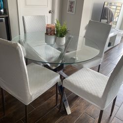 Glass Dining Table Set With 4 White Leather Chairs
