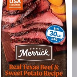 Unopened NEW OBO Merrick Premium Grain Free Dry Adult Dog Food, Wholesome And Natural Kibble, Real Texas Beef And Sweet Potato - 30.0 lb. Bag