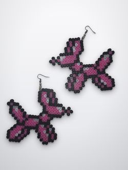 Handmade Pink Balloon Dog Dangle Earrings - Perler Bead Statement