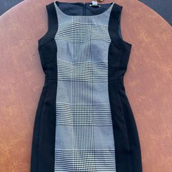 H&M size 8 sleeveless houndstooth plaid panel sheath dress black white lined #232