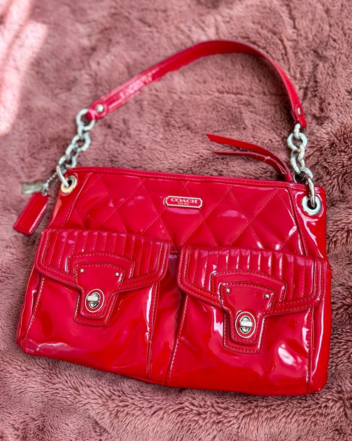 Cherry Red Coach Poppy Liquid Gloss Patent Leather Quilted Crossbody Bag