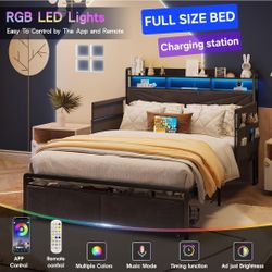 Full size Bed Frame with Storage Headboard and Drawer, with LED Lights & Charging Station, No Box Spring Needed,Grey
