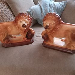 Pair Of Antique Staffordshire Lions. 