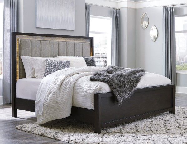 😺Maretto Brown-Silver LED Queen Panel Bed