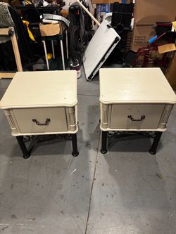Pair of Cream Nightstands with Black Metal Base