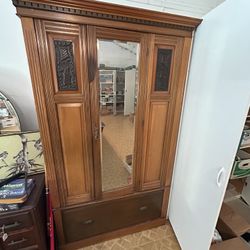 Vintage Solid Wood Armoire w/ Mirror & Drawer – Ornate Details