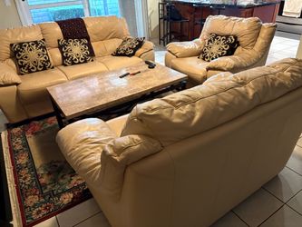 Cream Leather Sofa Set – 3 Pieces