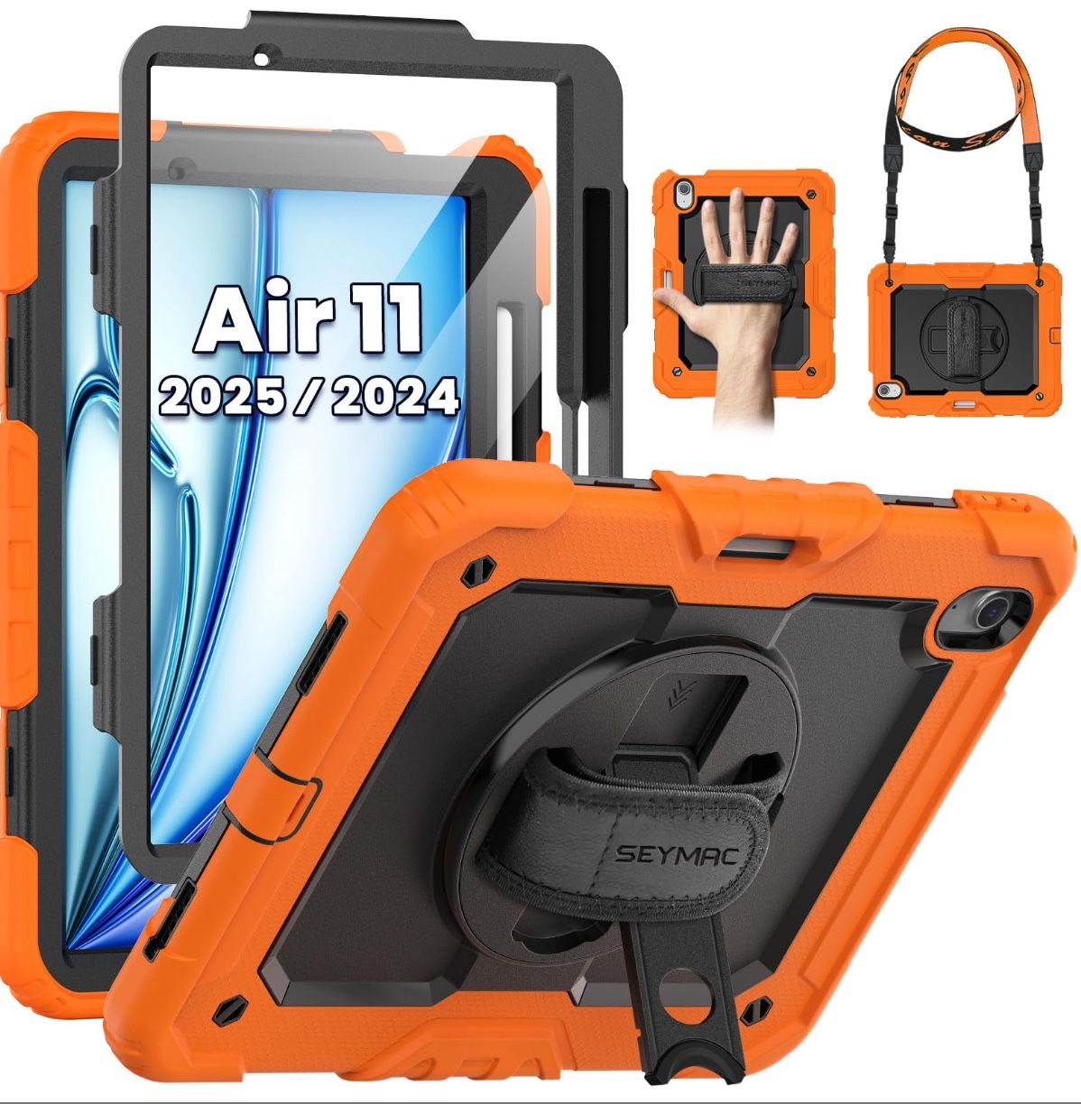 SEYMAC Case For IPad Air 11 Inch M3 2025/M2 2024 (Air 7th/6th Generation), Heavy Duty Shockproof Protective Case With Screen Protector, Rotating Stand