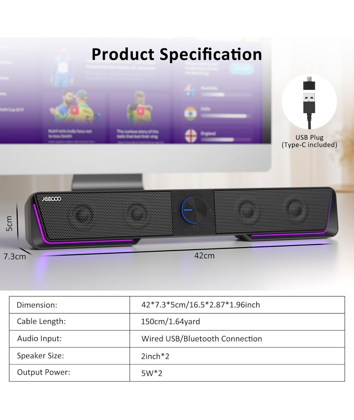 Brand New Jeecoo A40 PC Speakers Computer Sound Bar for Desktop Monitor Laptop, Stereo Sound with Vibrating Diaphragms, Touch-Control Flowing LED, Blu