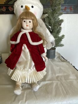 CHRISTMAS PORCELAIN DOLL - VINTAGE W/METAL STAND