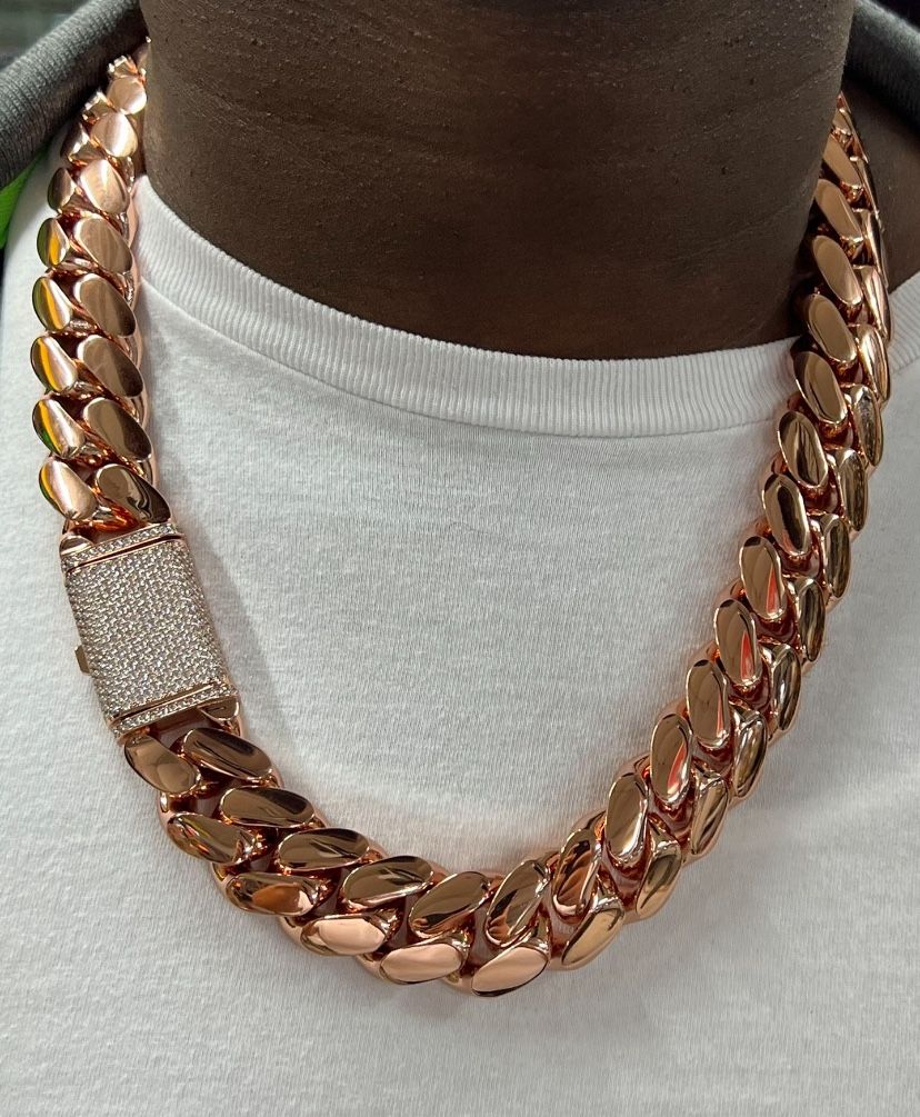 20mm Miami Cuban Link Pink Red Rose Gold Plated Chain Necklace 18k
