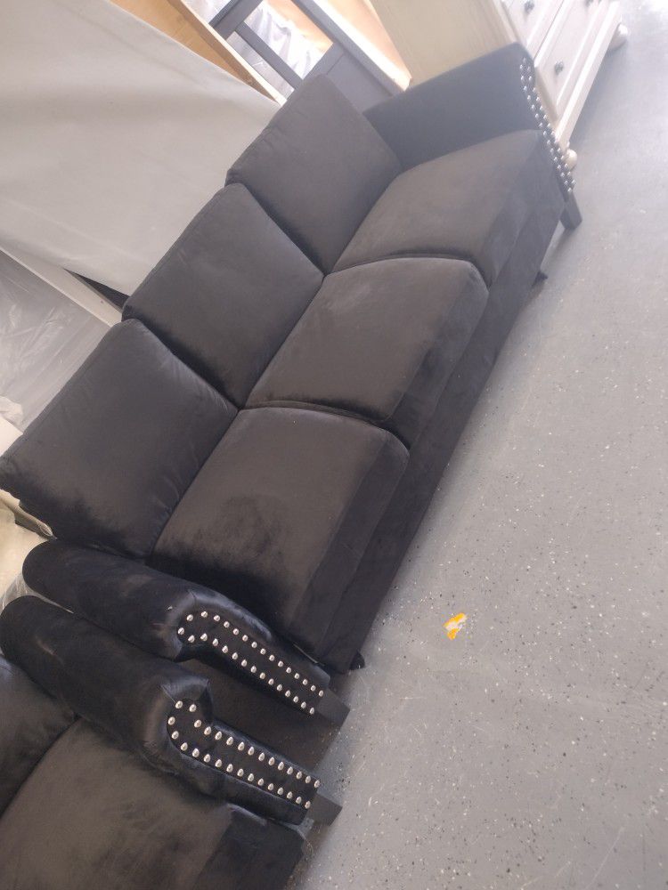 Black Velvet Studded Sofa & Loveseat