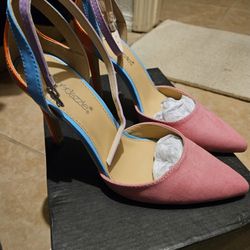 New in Box Pink Carnation Multi Color Sling Back Heels. Size 6.5 Heel 3.75-4 Inches.  Must Pick Up In Horizon. Offers Accepted 