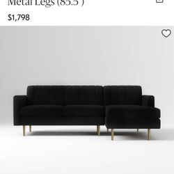 West Elm Chaise Sectional Sofa: Black Velvet Pristine Condition - $950 (Santa Monica)