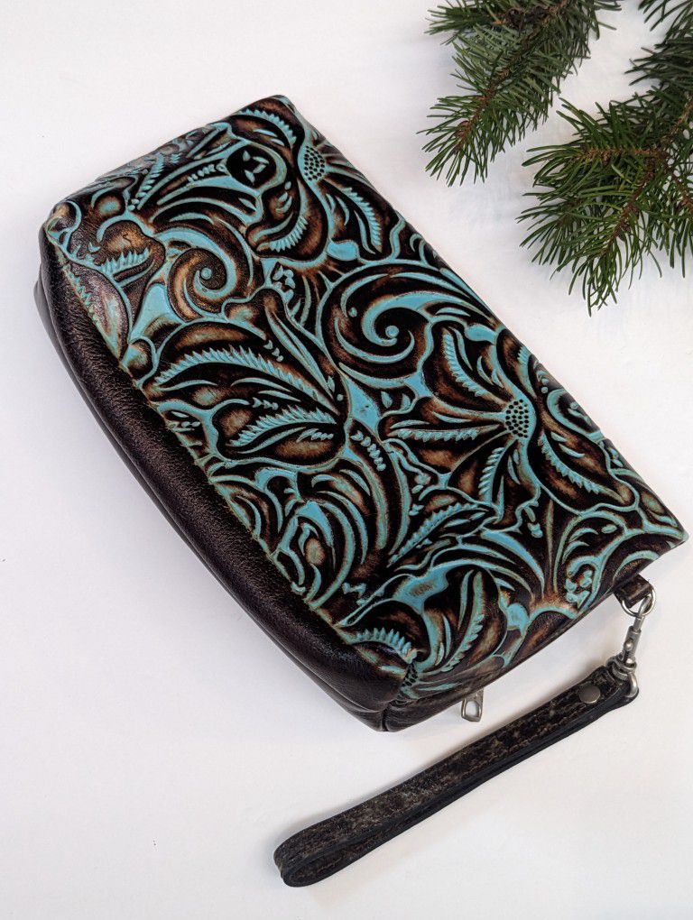 Patricia Nash Valerie magnetic Foldover Clutch Wristlet - Tooled Turquoise